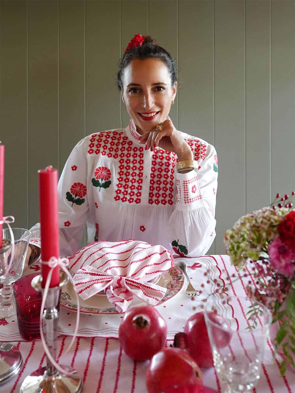 Juniper Berry Blouse Red Flower Embroidery on White