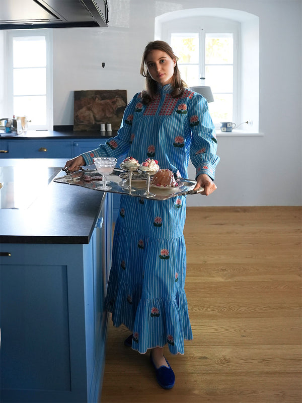 Blue Monkswood Skirt Blue Stripes Flower Embroidery