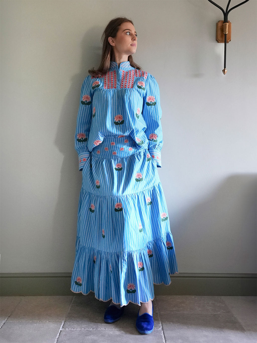 Blue Monkswood Skirt Blue Stripes Flower Embroidery