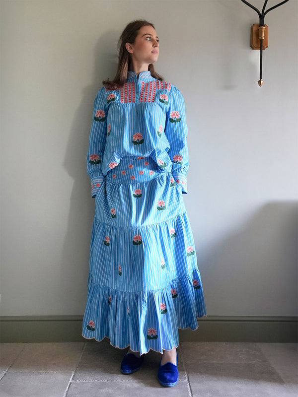 Blue Monkswood Skirt Blue Stripes Flower Embroidery
