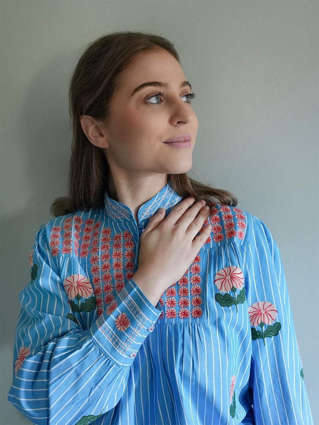 Juniper Berry Blouse Rose Flower Embroidery on Blue Stripes