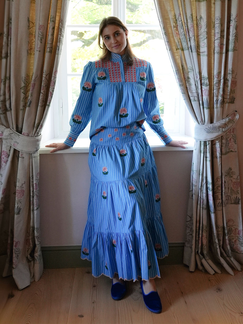 Blue Monkswood Skirt Blue Stripes Flower Embroidery
