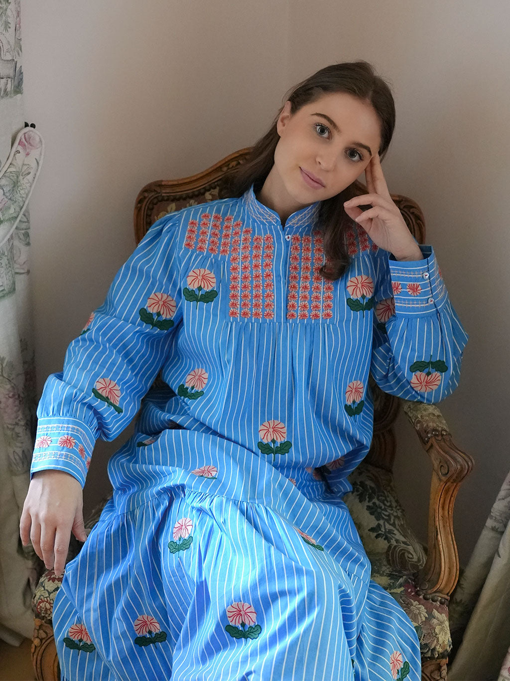 Juniper Berry Blouse Rose Flower Embroidery on Blue Stripes