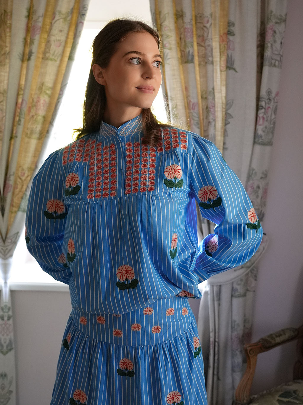 Juniper Berry Blouse Rose Flower Embroidery on Blue Stripes