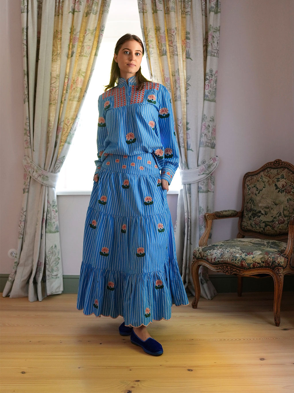 Blue Monkswood Skirt Blue Stripes Flower Embroidery
