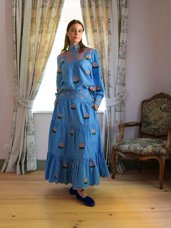 Blue Monkswood Skirt Blue Stripes Flower Embroidery
