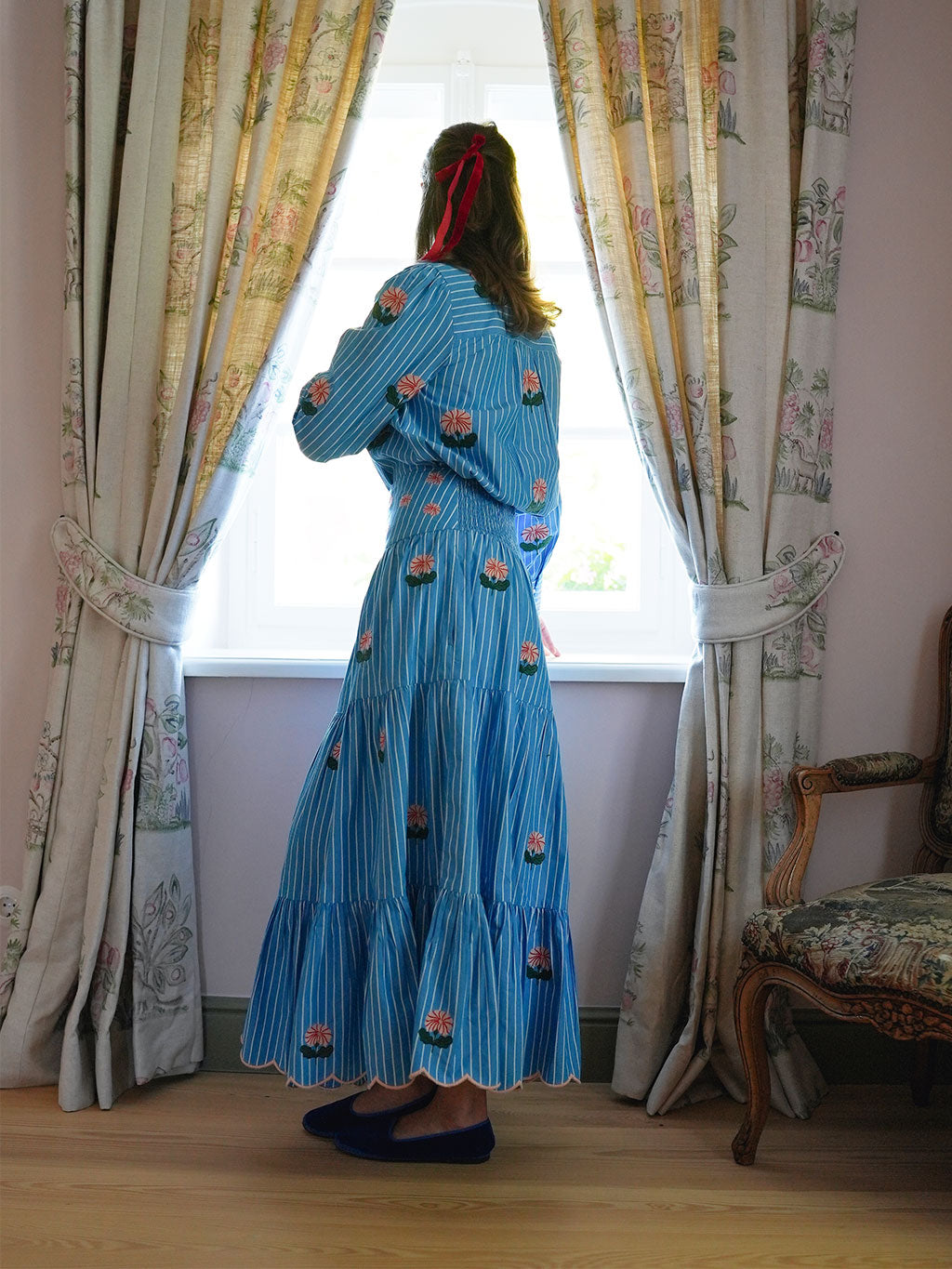 Blue Monkswood Skirt Blue Stripes Flower Embroidery