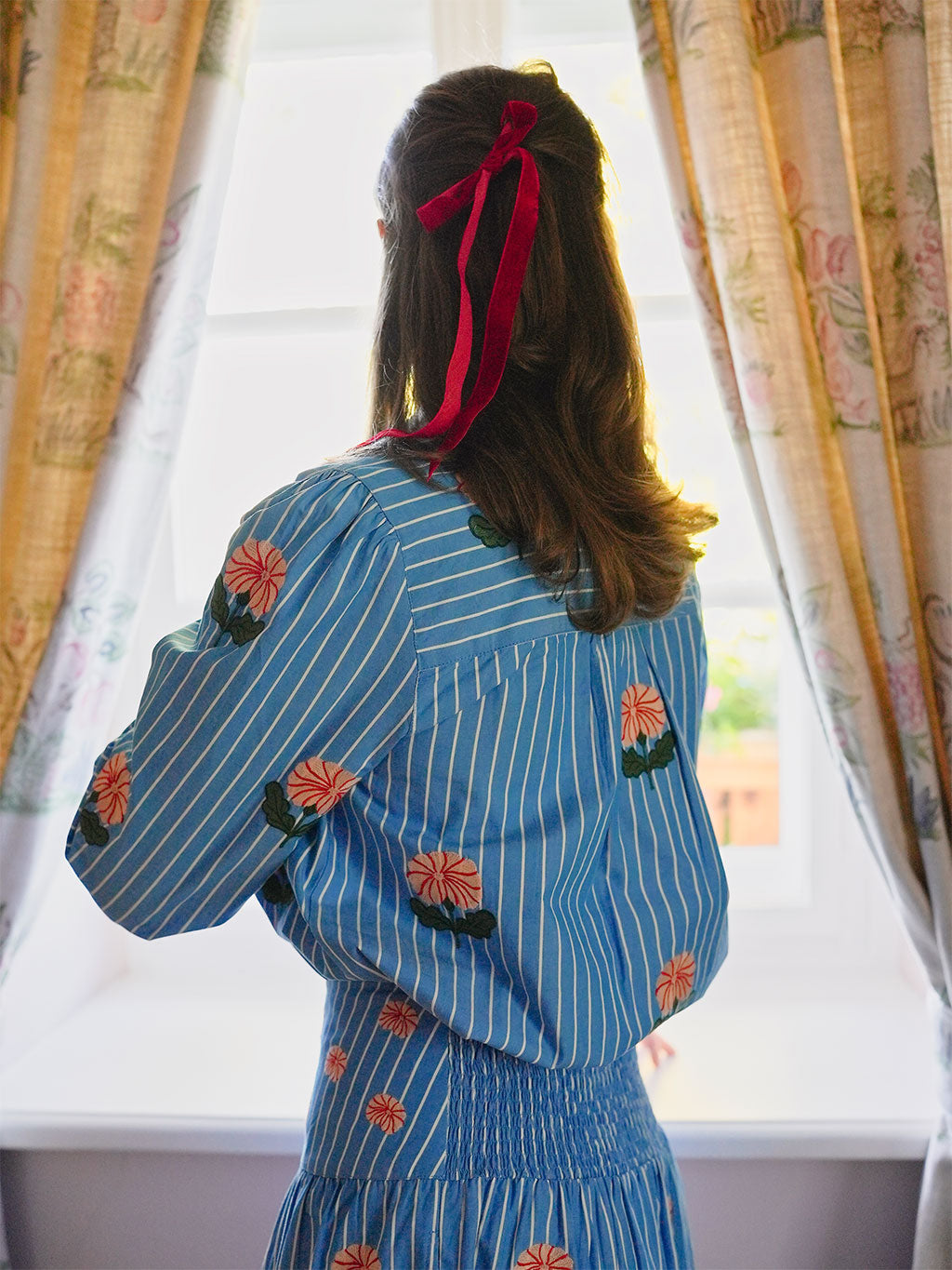 Juniper Berry Blouse Rose Flower Embroidery on Blue Stripes