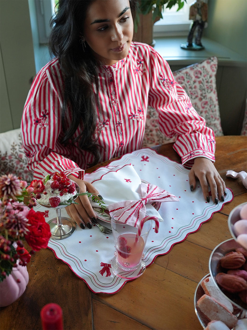 Amaryllis Blouse Flower Embroidery on Red Stripes