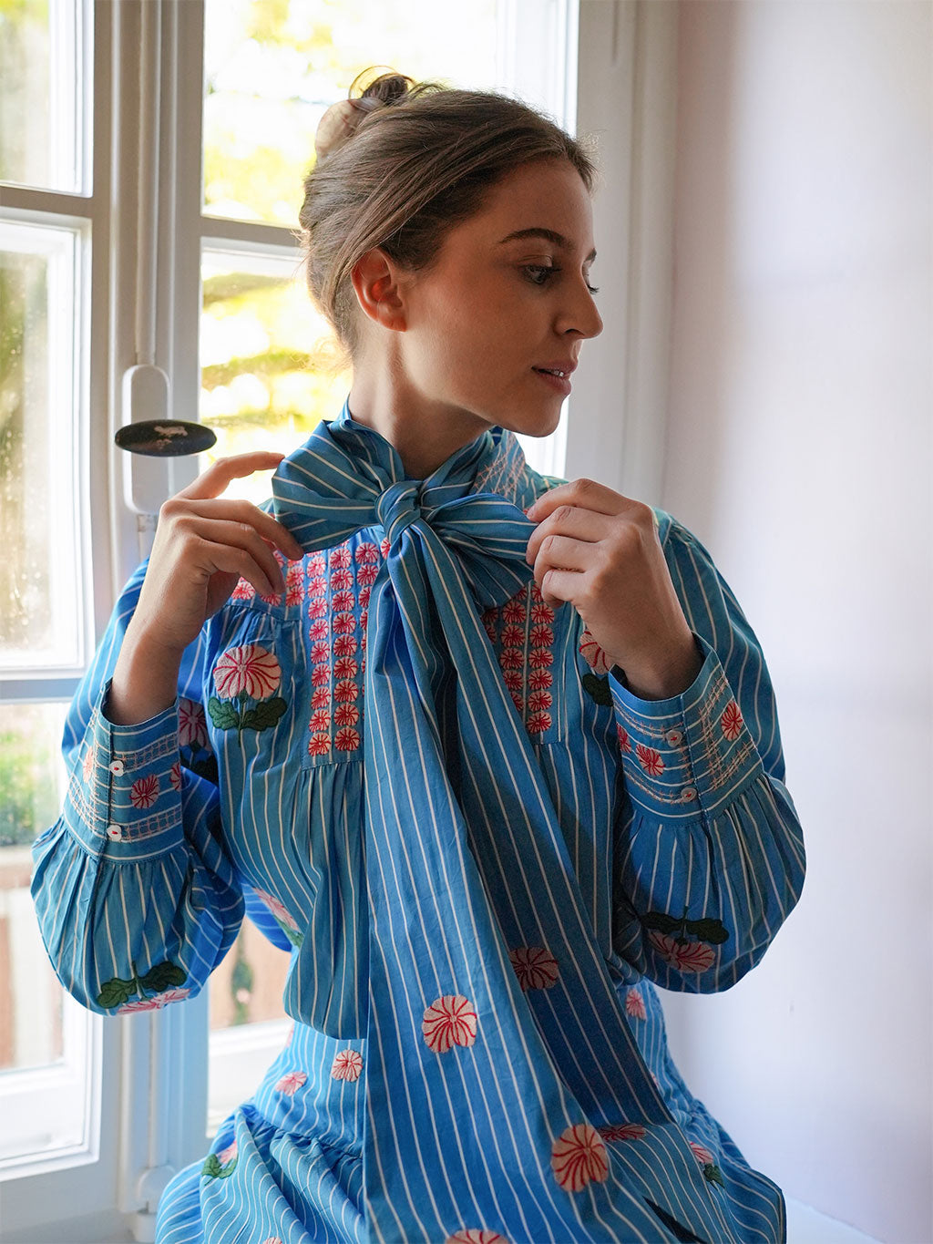 Scarf Belt Blue Stripes Flower Embroidery