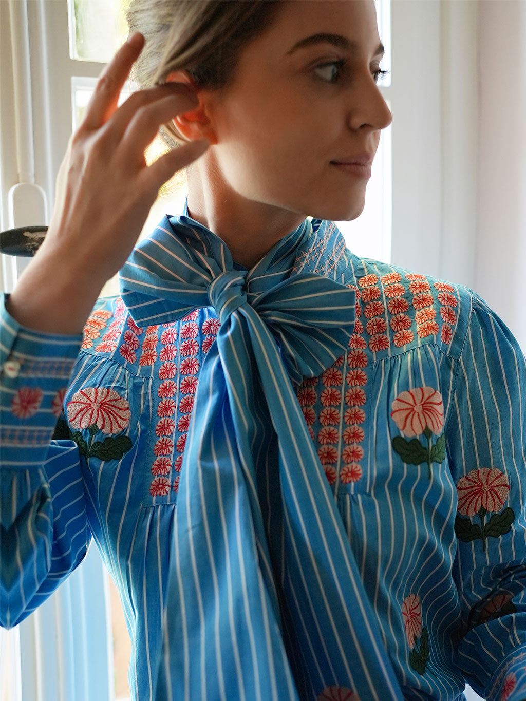 Scarf Belt Blue Stripes Flower Embroidery