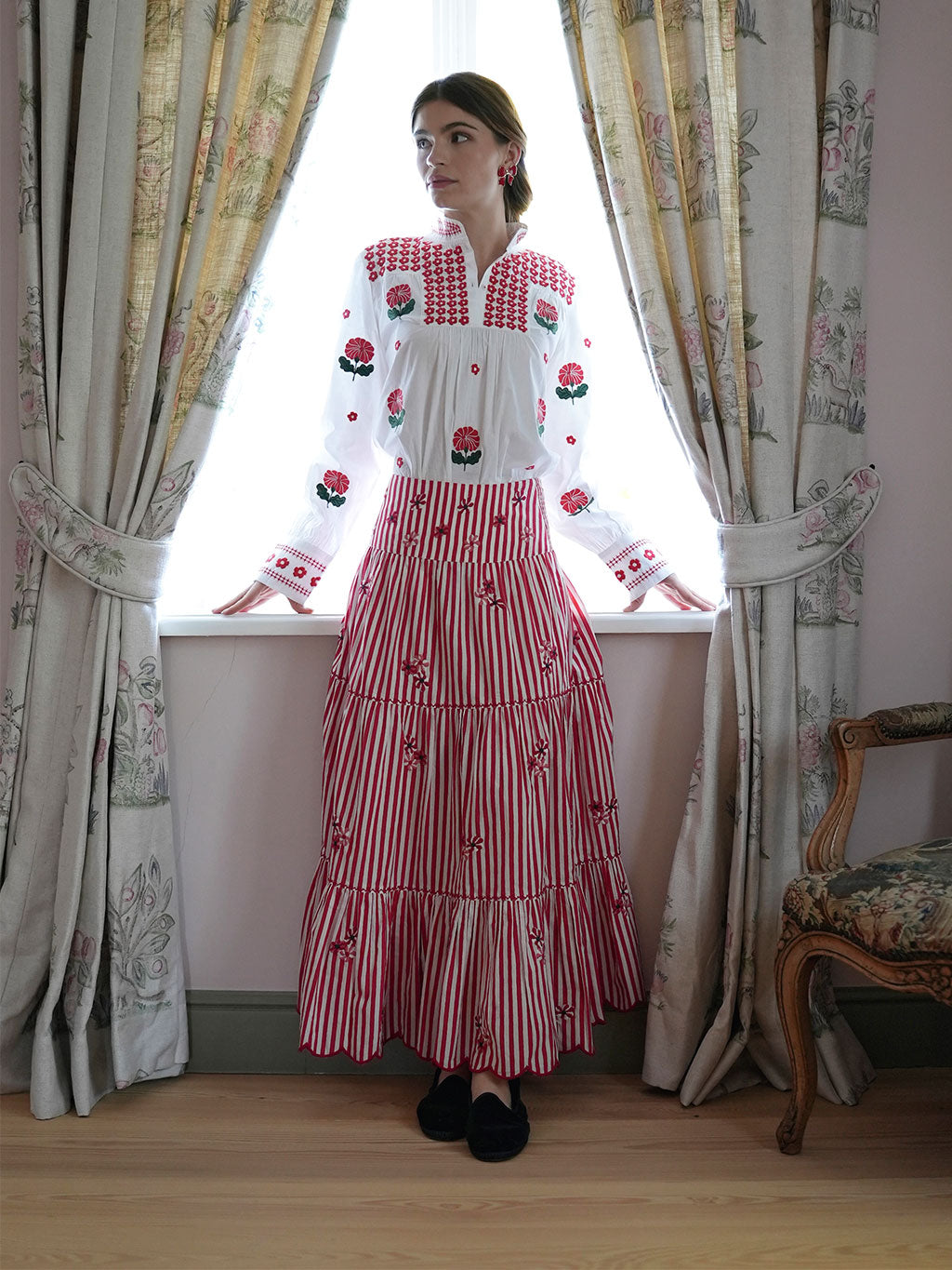 Blue Monkswood Skirt Red Stripes Flower Embroidery