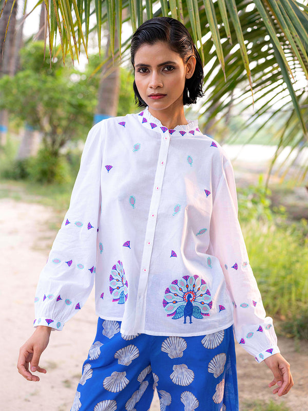 Purslane Blouse Peacock Embroidery on White