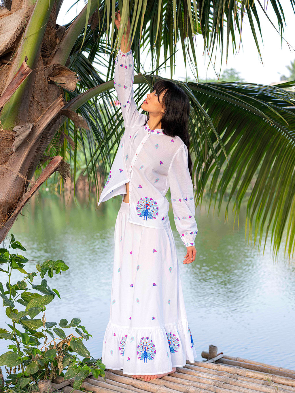 Purslane Blouse Peacock Embroidery on White