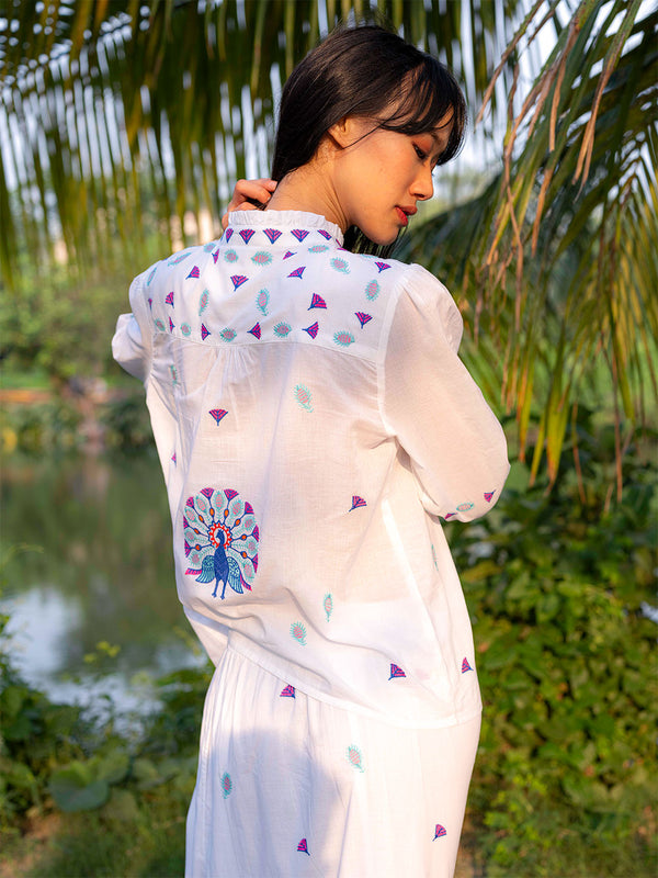 Purslane Blouse Peacock Embroidery on White