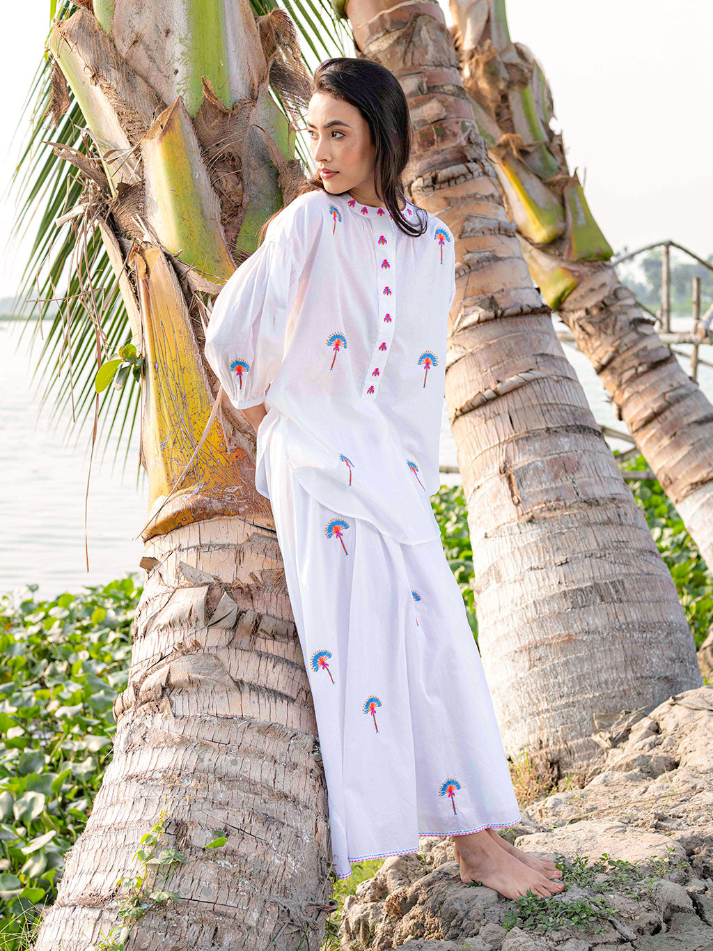 Vanilla Skirt Fan Palm Embroidery on White