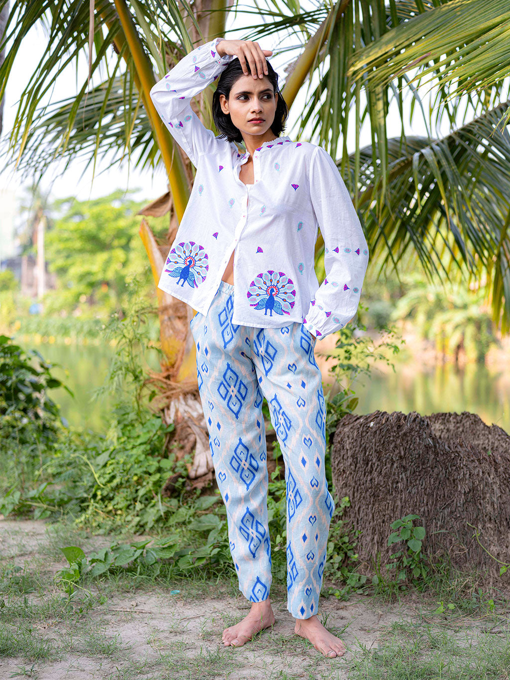 Purslane Blouse Peacock Embroidery on White