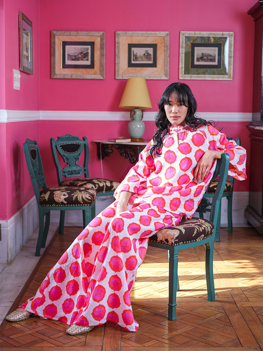 Flax Blouse Ikat Pink Orange