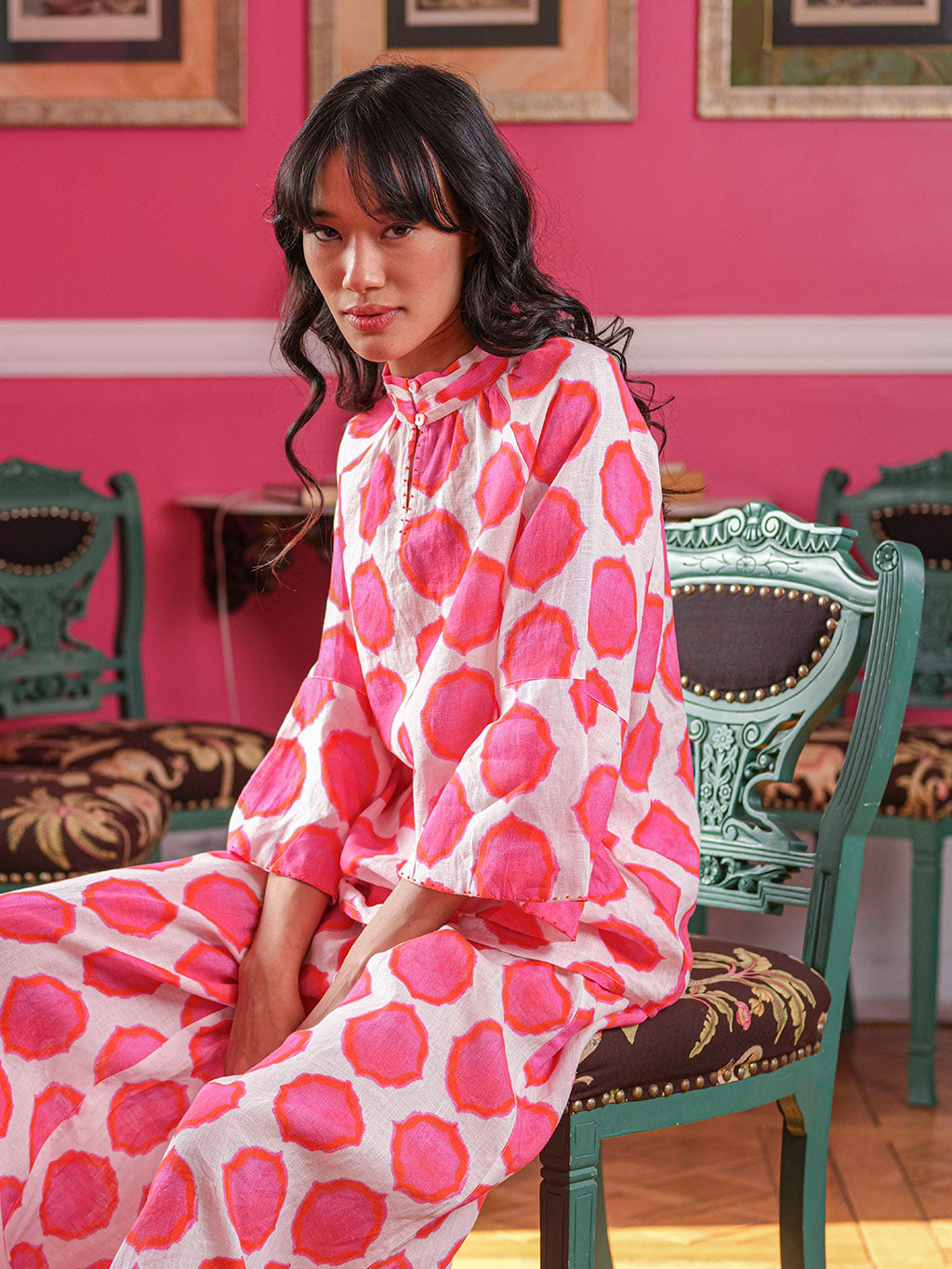 Flax Blouse Ikat Pink Orange