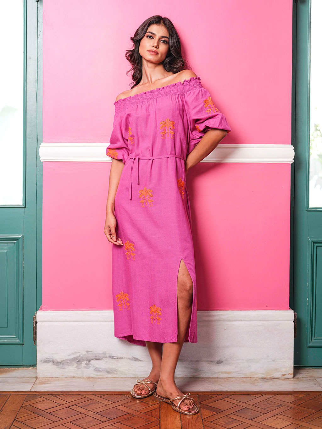 Pulsatilla Dress Berry Flamingo Orange Embroidery