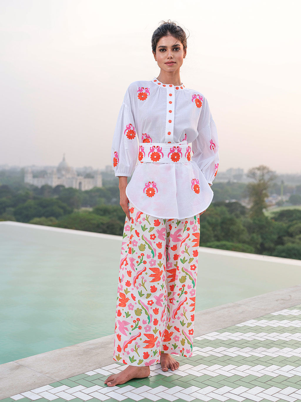 Sassafras Blouse White Gujarat Bird Orange