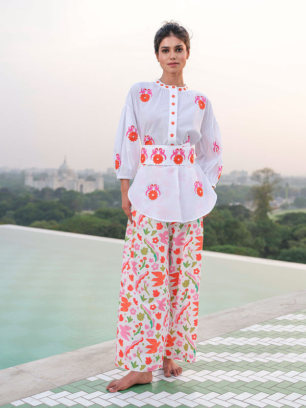 Sassafras Blouse White Gujarat Bird Orange
