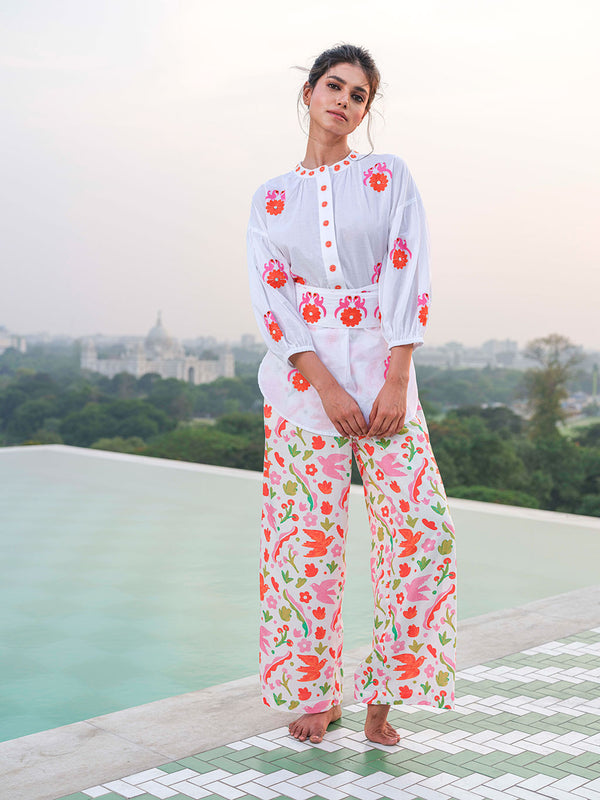 Sassafras Blouse White Gujarat Bird Orange
