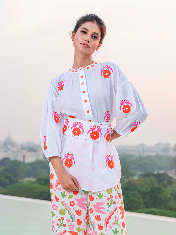 Sassafras Blouse White Gujarat Bird Orange