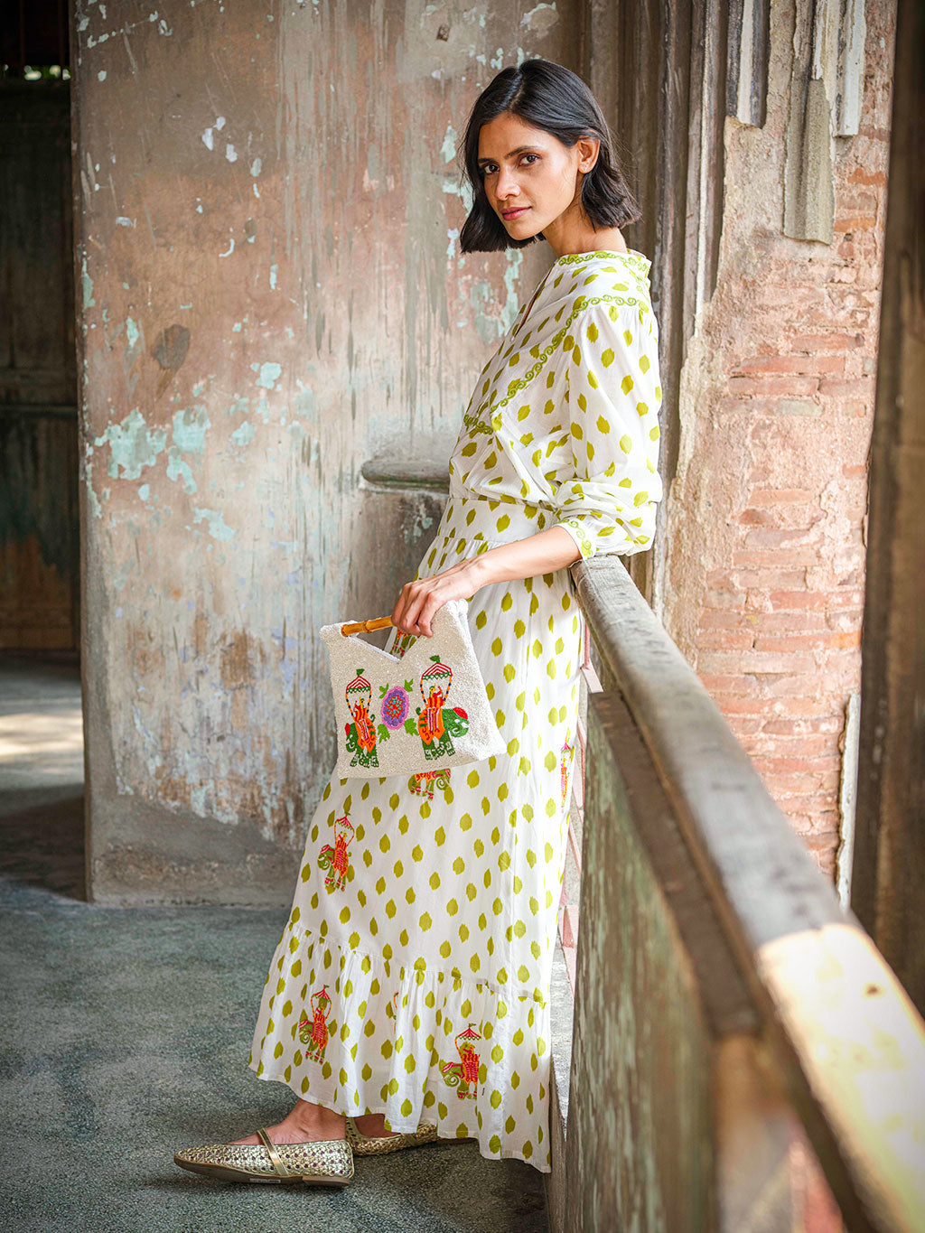 Beaded Bamboo Bag Elephant Green