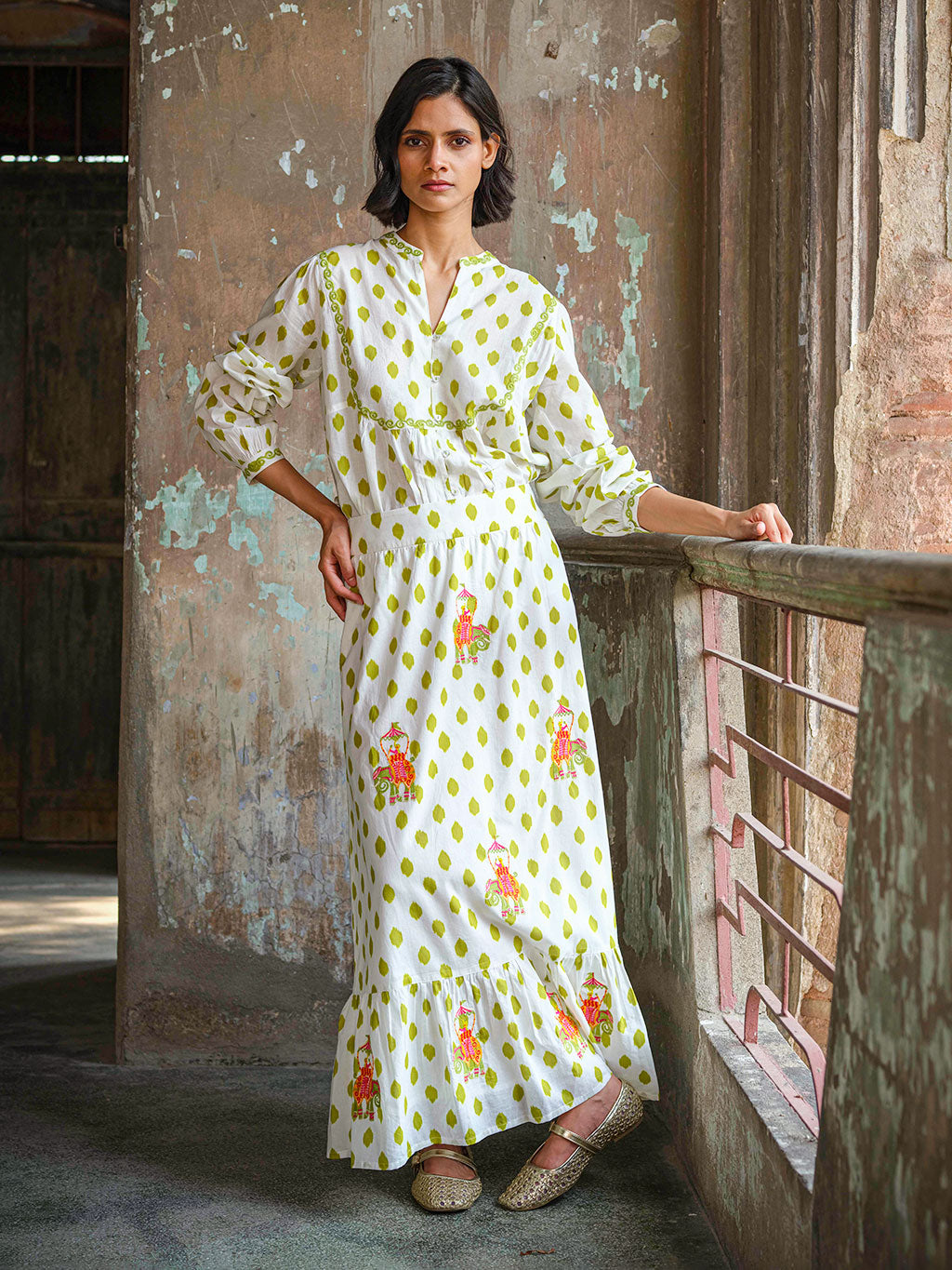 Goldenseal Skirt Dots Green Elephant Embroidery