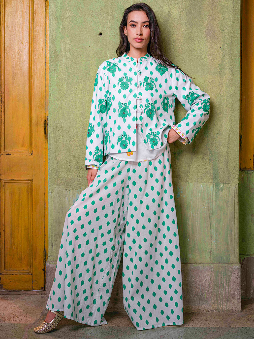 Comfrey Jacket Dots Emerald Gujarat Birds Embroidery