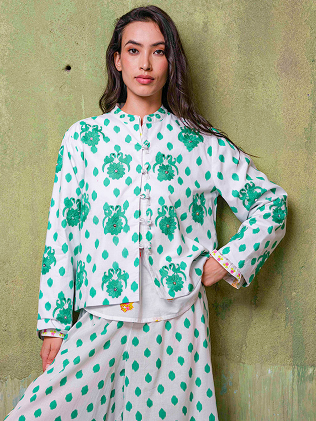 Comfrey Jacket Dots Emerald Gujarat Birds Embroidery