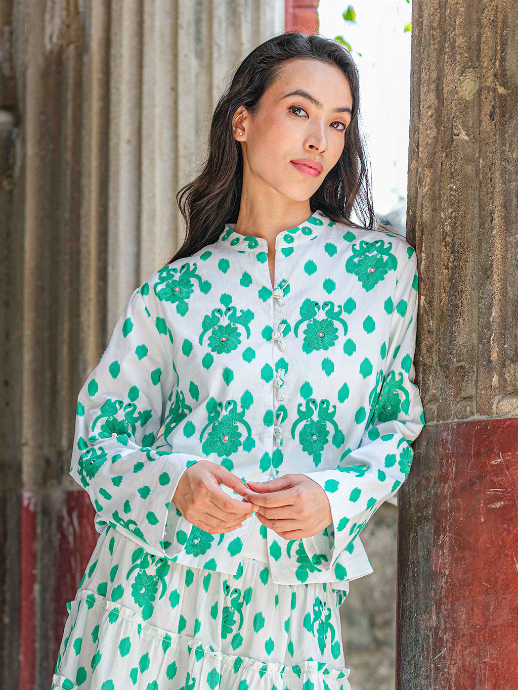 Comfrey Jacket Dots Emerald Gujarat Birds Embroidery