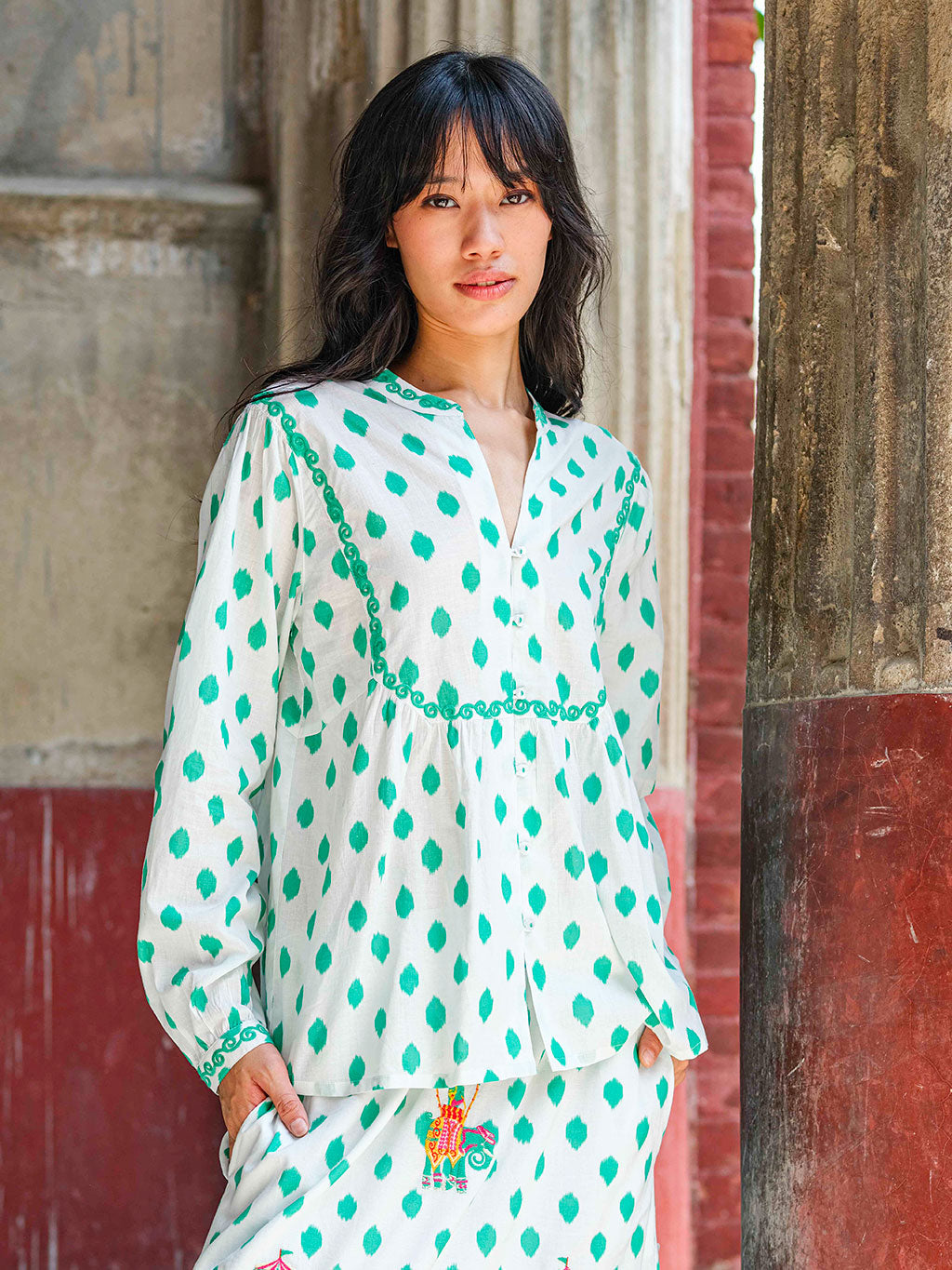 Catnep Blouse Dots Emerald Elephant Embroidery