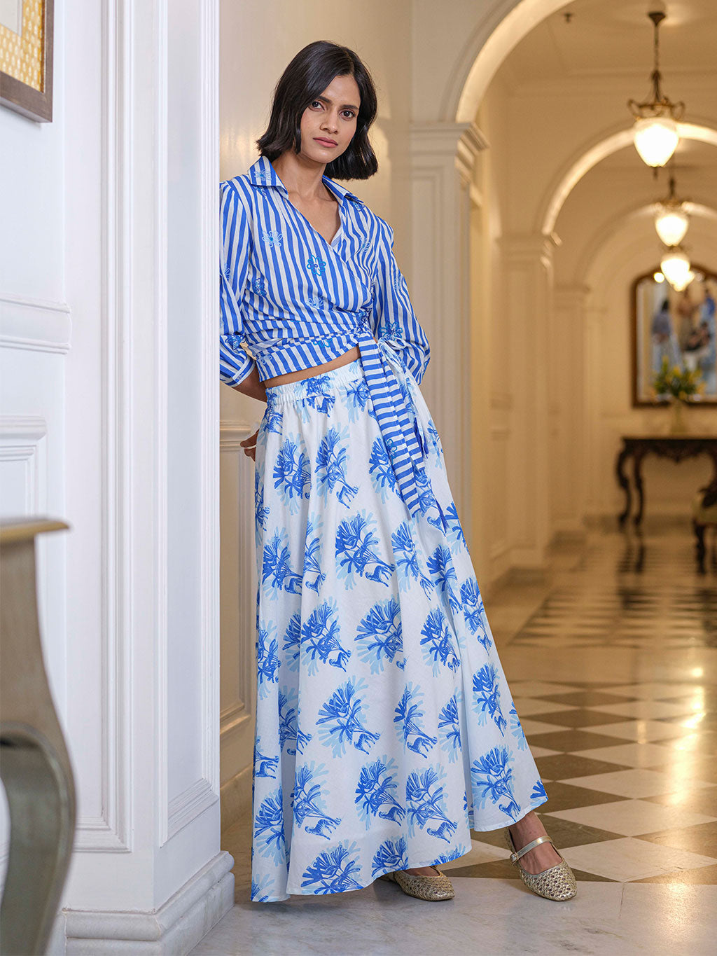 Lovage Blouse Blue Stripes Mixed Flowers