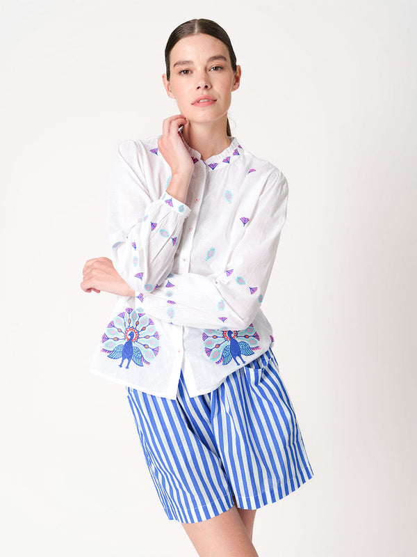 Purslane Blouse Peacock Embroidery on White