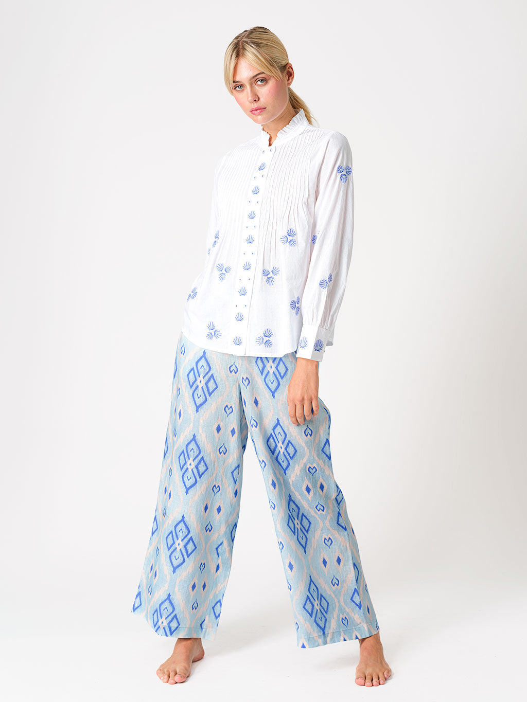 Nevis Mint Blouse Blue Shells Embroidery on White