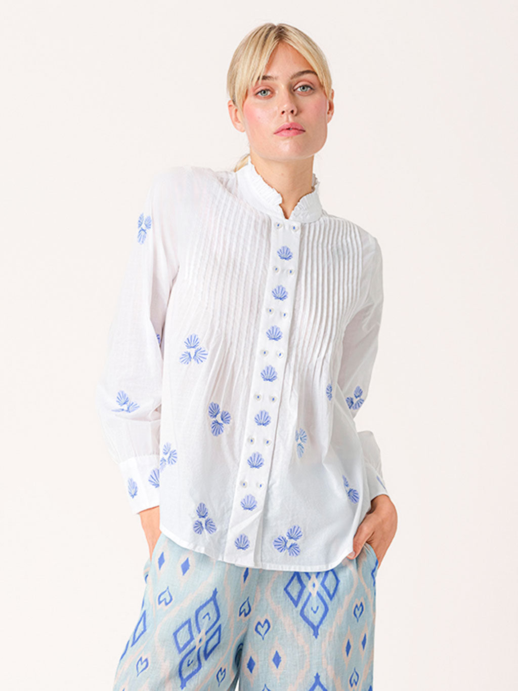Nevis Mint Blouse Blue Shells Embroidery on White