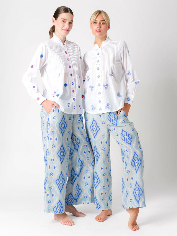 Nevis Mint Blouse Little Flowers Blue Embroidery on White