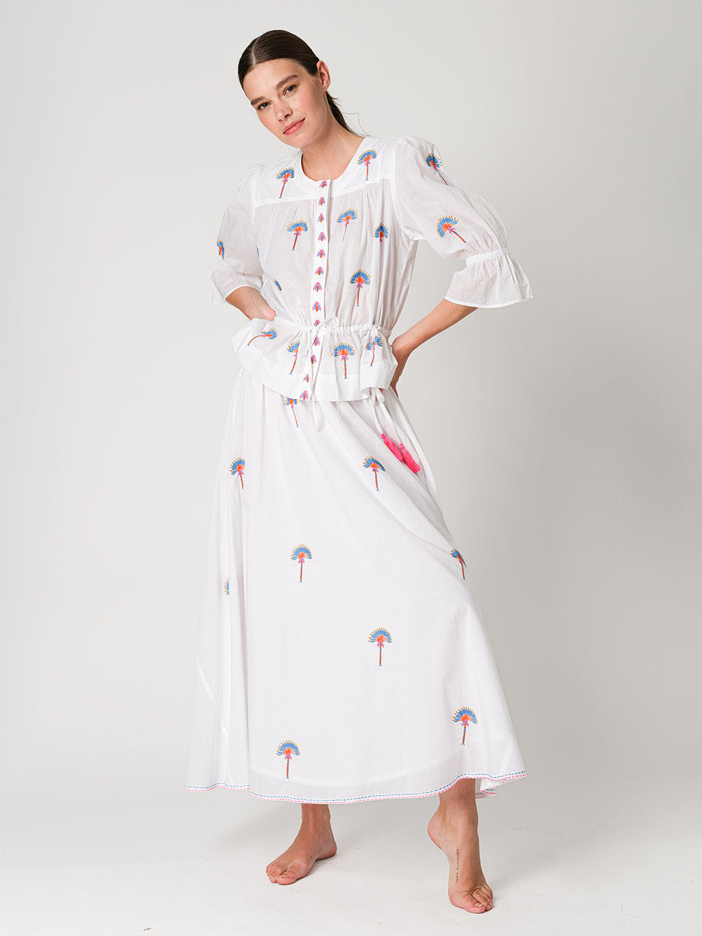 Yerba Buena Blouse Fan Palm Embroidery on White