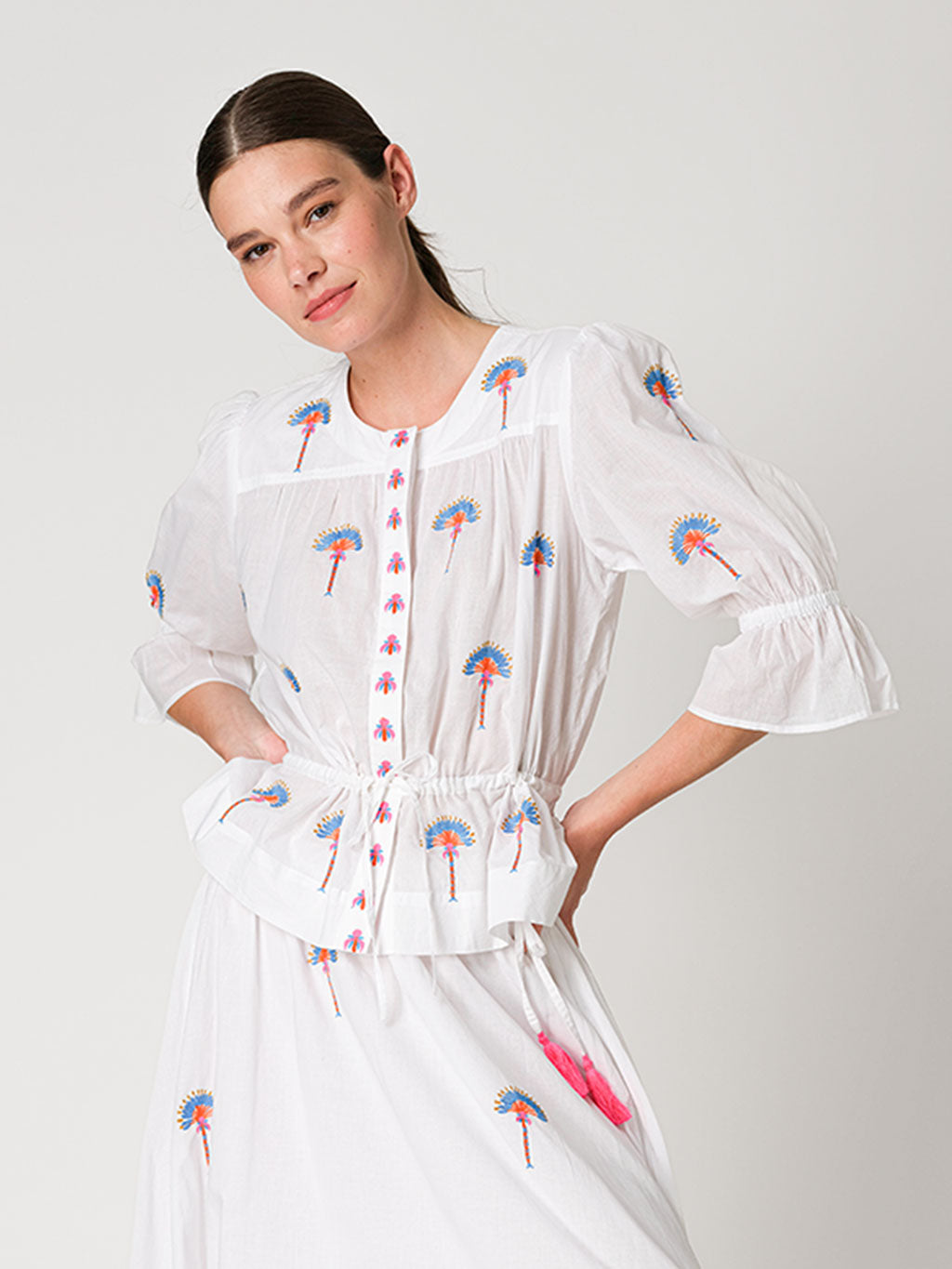 Yerba Buena Blouse Fan Palm Embroidery on White