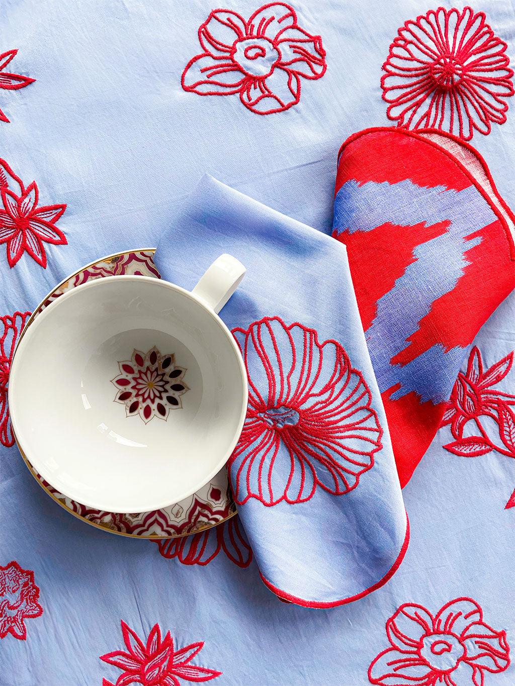 Tablecloth Red Flowers on Pastel Blue