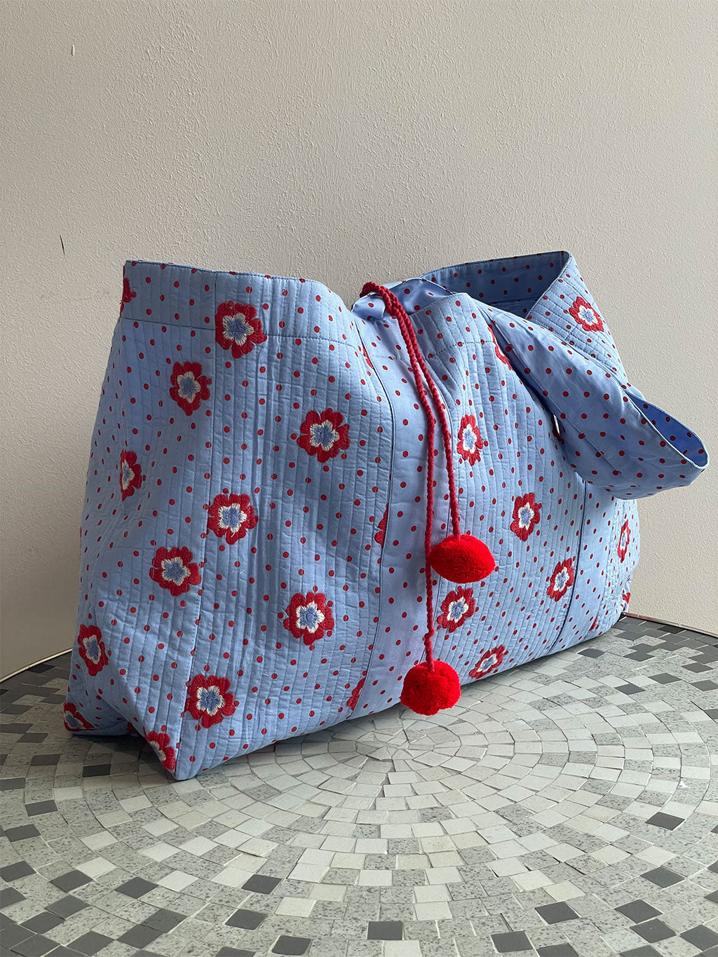 Jaipur Bag Red Flower Dots on Blue