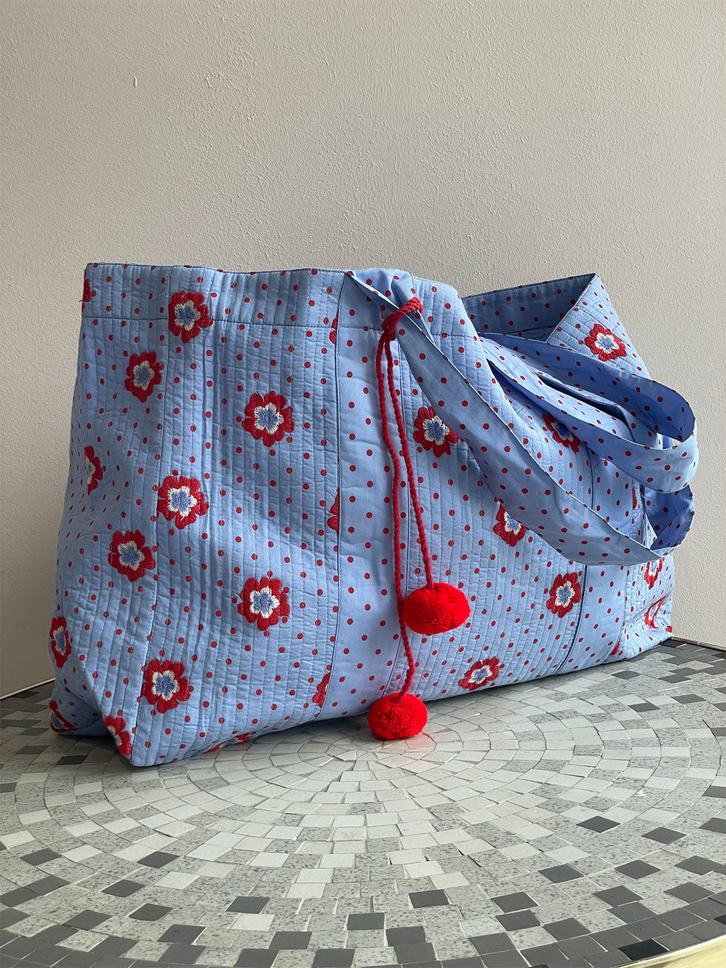 Jaipur Bag Red Flower Dots on Blue