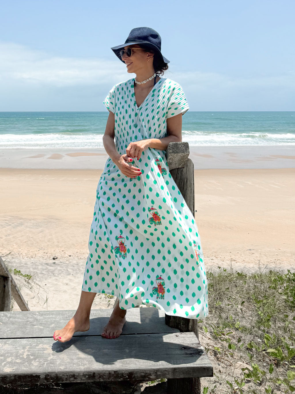 Sea Cale Dress Dots Emerald Elephant Embroidery