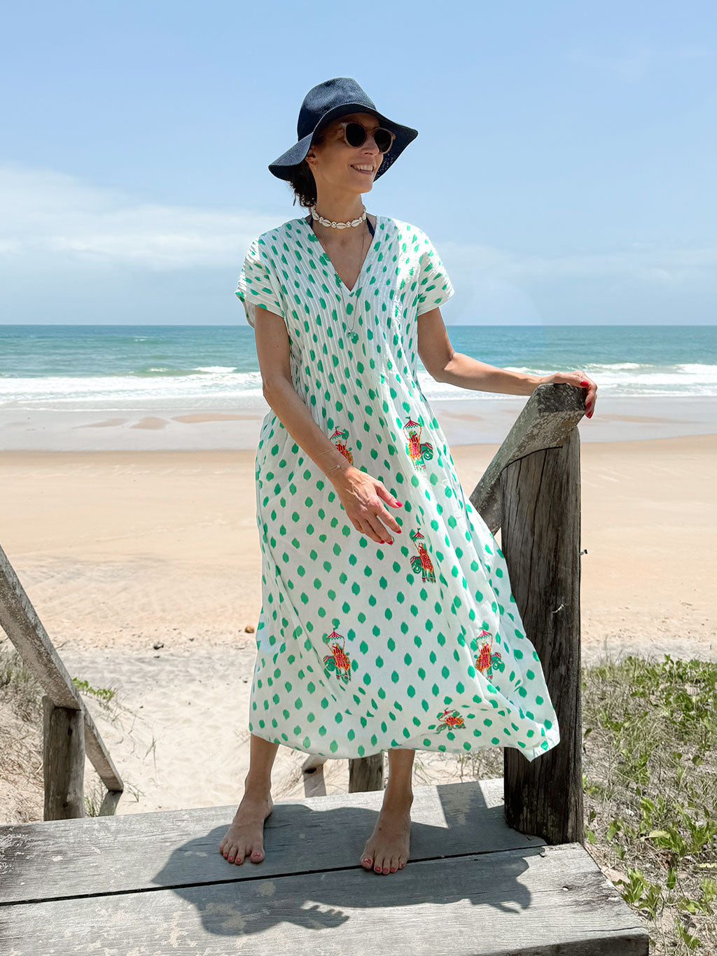 Sea Cale Dress Dots Emerald Elephant Embroidery