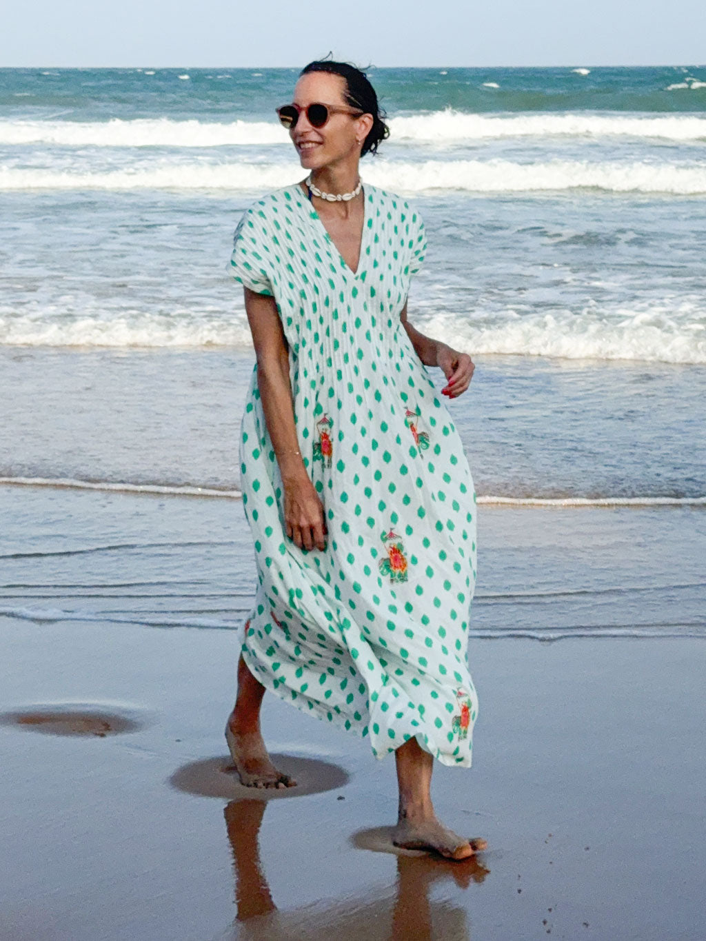 Sea Cale Dress Dots Emerald Elephant Embroidery