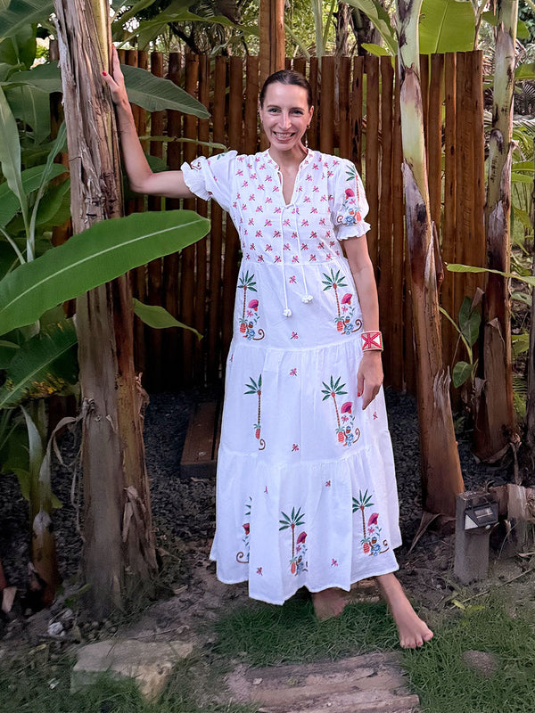 Flaming Katy Dress Monkey Embroidery on White