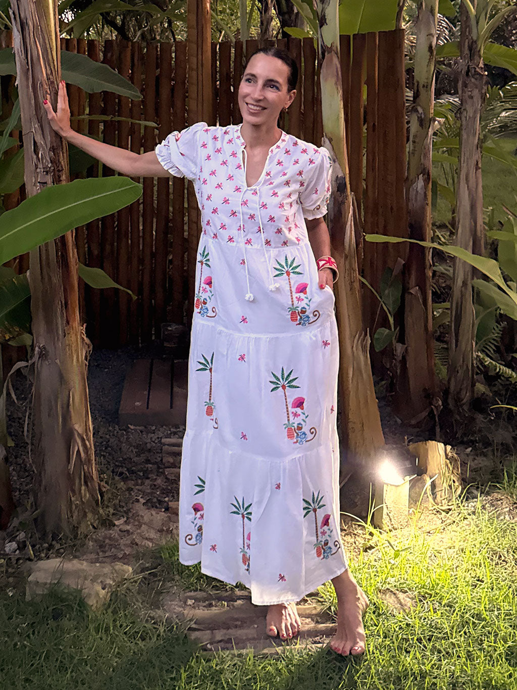 Flaming Katy Dress Monkey Embroidery on White