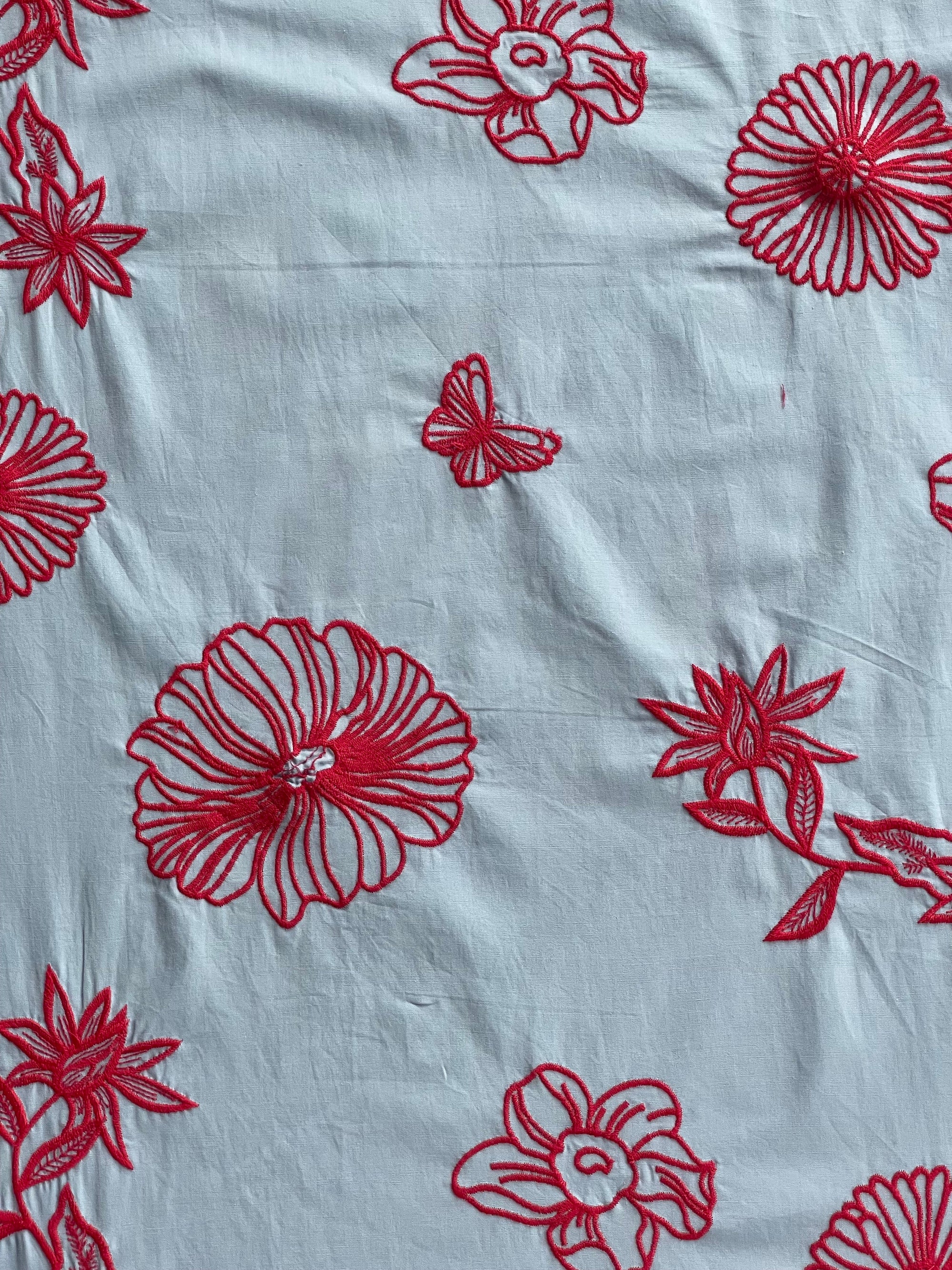 Tablecloth Red Flowers on Pastel Blue